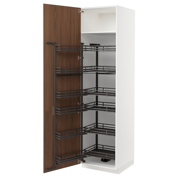 METOD high cabinet with pull-out larder, white/Tistorp brown walnut effect, 60x60x220 cm