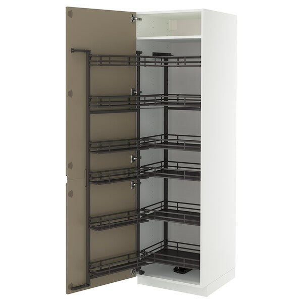METOD high cabinet with pull-out larder, white/Voxtorp high-gloss dark grey-brown, 60x60x200 cm