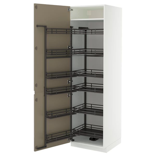 METOD high cabinet with pull-out larder, white/Voxtorp high-gloss dark grey-brown, 60x60x200 cm