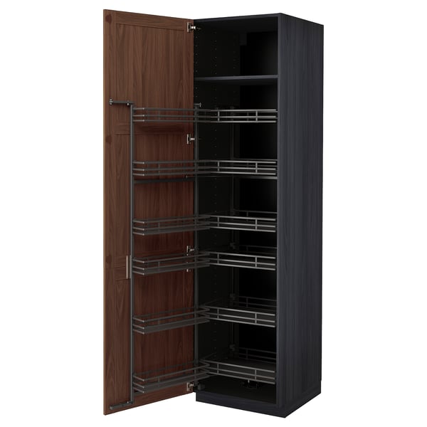 METOD high cabinet with pull-out larder, black Enköping/brown walnut effect