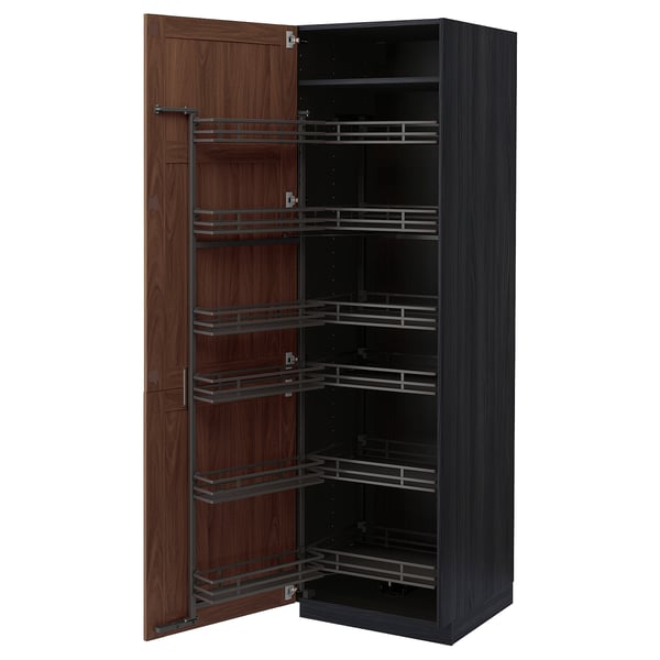 METOD high cabinet with pull-out larder, black Enköping/brown walnut effect, 60x60x200 cm