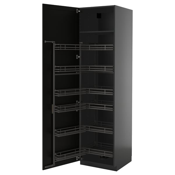 METOD high cabinet with pull-out larder, black-grey/Lerhyttan black stained, 60x60x220 cm