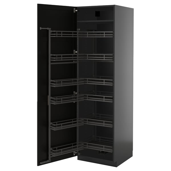 METOD high cabinet with pull-out larder, black-grey/Lerhyttan black stained, 60x60x200 cm
