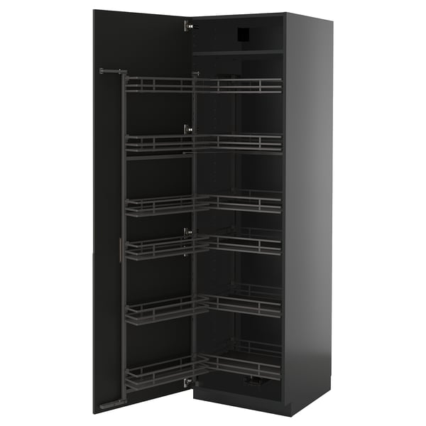 METOD high cabinet with pull-out larder, black-grey/Nickebo matt anthracite, 60x60x200 cm