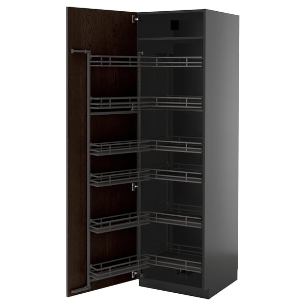 METOD high cabinet with pull-out larder, black-grey/Sinarp brown, 60x60x200 cm