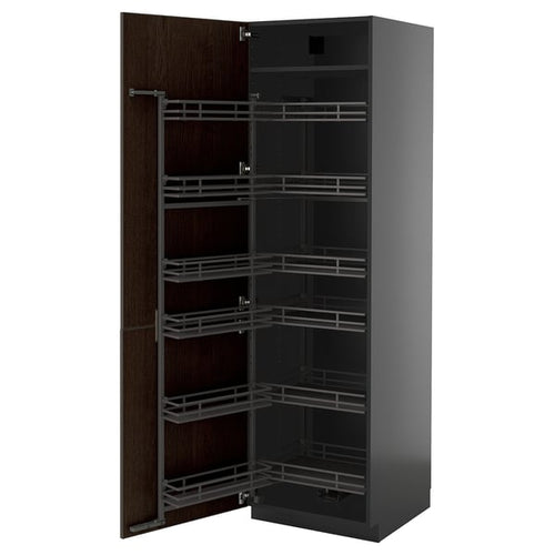 METOD - METOD High cabinet with pull-out larder, black-grey/Sinarp brown, 60x60x200 cm