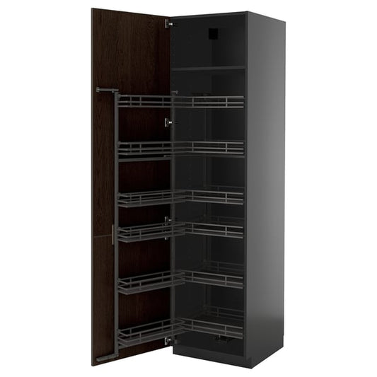 METOD - METOD High cabinet with pull-out larder, black-grey/Sinarp brown, 60x60x220 cm