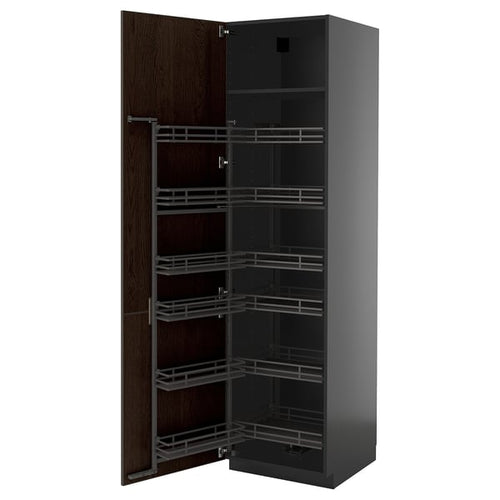 METOD Tall cabinet with larder baskets, black-grey/Sinarp brown, 60x60x220 cm