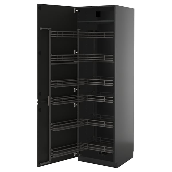 METOD high cabinet with pull-out larder, black-grey/Upplöv matt anthracite, 60x60x200 cm