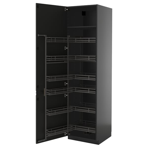 METOD high cabinet with pull-out larder, black-grey/Upplöv matt anthracite, 60x60x220 cm