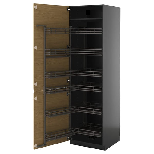 METOD - METOD High cabinet with pull-out larder, black-grey/Voxtorp oak effect, 60x60x200 cm