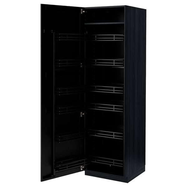 METOD high cabinet with pull-out larder, black/Lerhyttan black stained, 60x60x200 cm