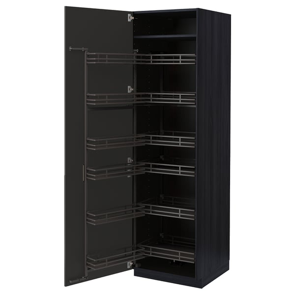 METOD high cabinet with pull-out larder, black/Nickebo matt anthracite, 60x60x200 cm