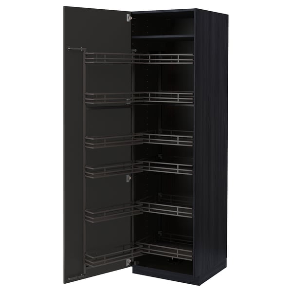 METOD high cabinet with pull-out larder, black/Nickebo matt anthracite, 60x60x200 cm