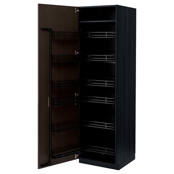 METOD high cabinet with pull-out larder, black/Sinarp brown, 60x60x200 cm