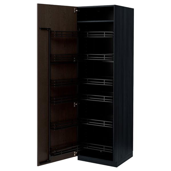 METOD high cabinet with pull-out larder, black/Sinarp brown, 60x60x200 cm