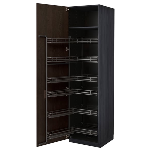 METOD high cabinet with pull-out larder, black/Sinarp brown