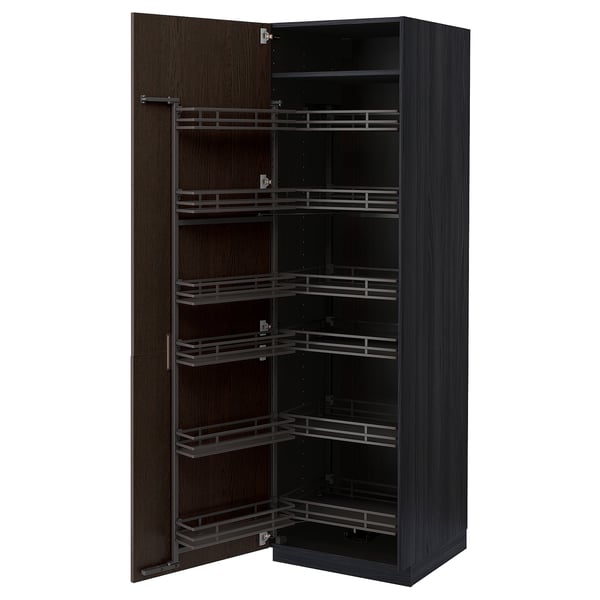 METOD high cabinet with pull-out larder, black/Sinarp brown, 60x60x200 cm