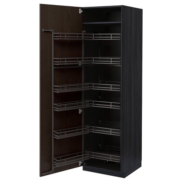 METOD high cabinet with pull-out larder, black/Sinarp brown, 60x60x200 cm