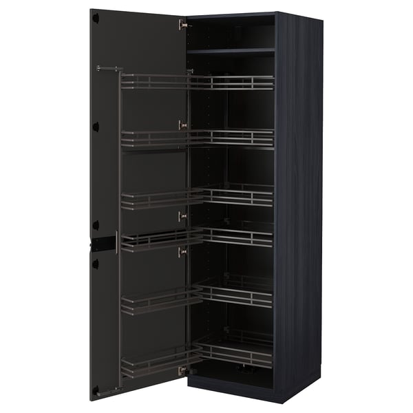METOD high cabinet with pull-out larder, black/Upplöv matt anthracite, 60x60x200 cm