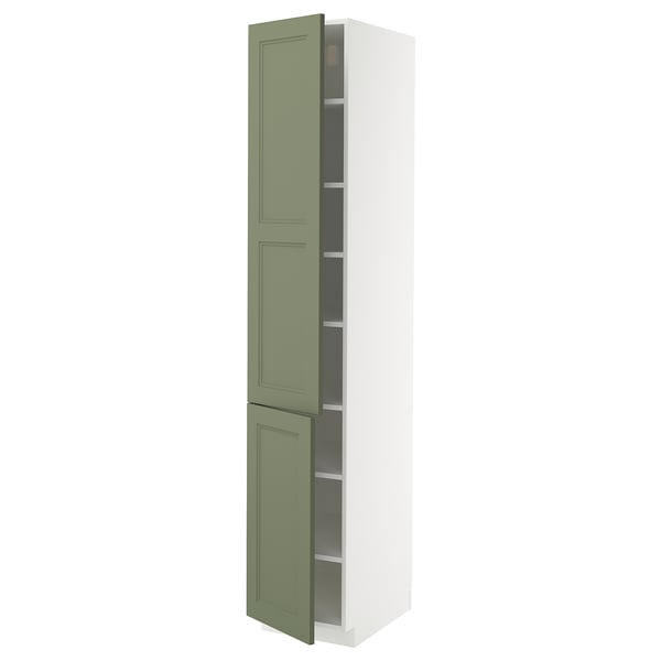 METOD high cabinet with shelves/2 doors, white/Axstad grey-green, 40x60x220 cm