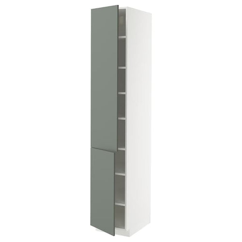 METOD high cabinet with shelves/2 doors, white/Nickebo matt grey-green, 40x60x220 cm