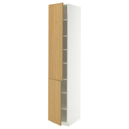 METOD high cabinet with shelves/2 doors, white/Sinarp oak veneer, 40x60x220 cm