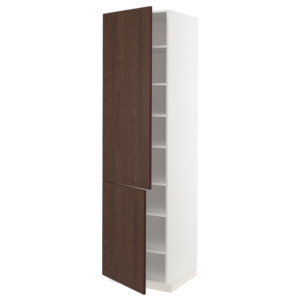 METOD high cabinet with shelves/2 doors, white/Sinarp brown, 60x60x220 cm