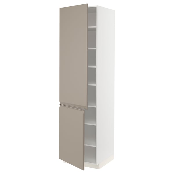 METOD high cabinet with shelves/2 doors, white/Upplöv matt dark beige, 60x60x220 cm