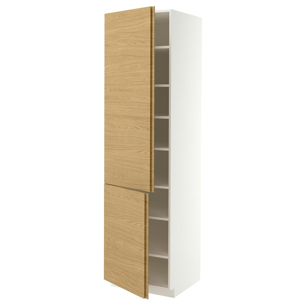 METOD high cabinet with shelves/2 doors, white/VOXTORP oak effect vertical handle, 60x60x220 cm