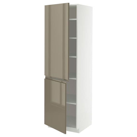 METOD - High cabinet with shelves/2 doors, white/Voxtorp high-gloss dark grey-brown, 60x60x200 cm