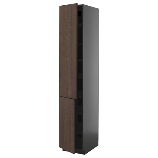 METOD - METOD High cabinet with shelves/2 doors, black-grey/Sinarp brown, 40x60x220 cm