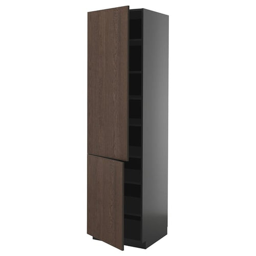 METOD - METOD High cabinet with shelves/2 doors, black-grey/Sinarp brown, 60x60x220 cm