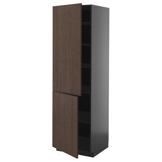 METOD - METOD High cabinet with shelves/2 doors, black-grey/Sinarp brown, 60x60x200 cm