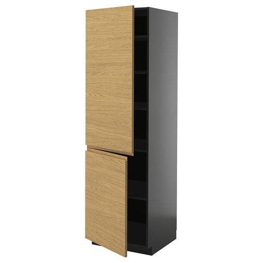 METOD - METOD High cabinet with shelves/2 doors, black-grey/Voxtorp oak effect, 60x60x200 cm