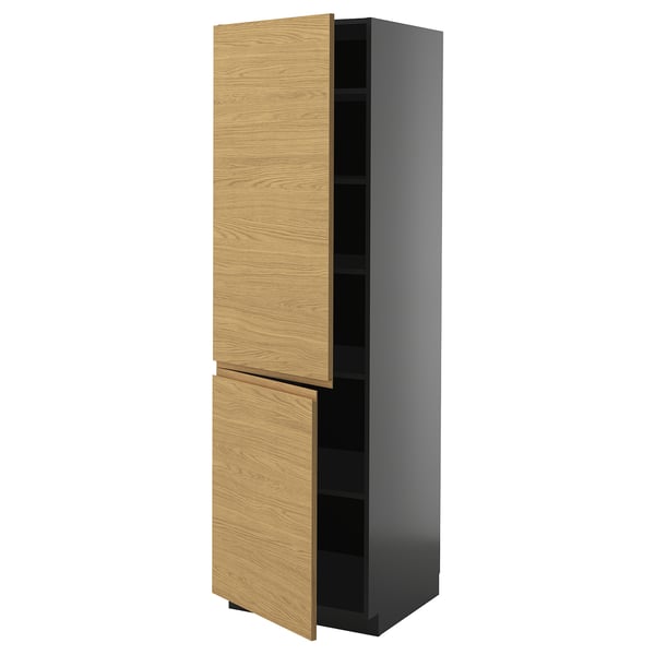 METOD - METOD High cabinet with shelves/2 doors, black-grey/Voxtorp oak effect, 60x60x200 cm