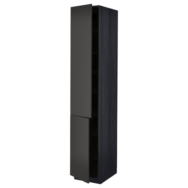 METOD high cabinet with shelves/2 doors, black/Nickebo matt anthracite