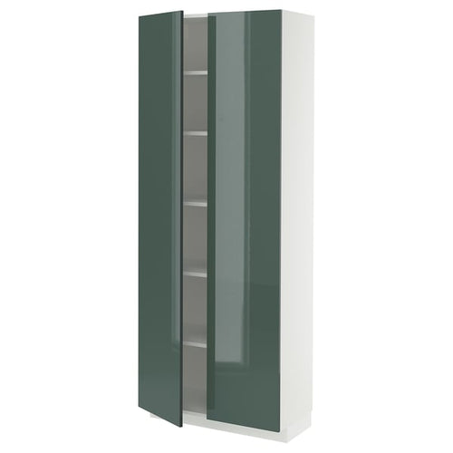 METOD high cabinet with shelves, white/Kallarp high-gloss dark grey-green, 80x37x200 cm