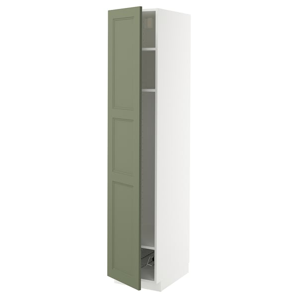 METOD high cabinet w shelves/wire basket, white/Axstad grey-green, 40x60x200 cm