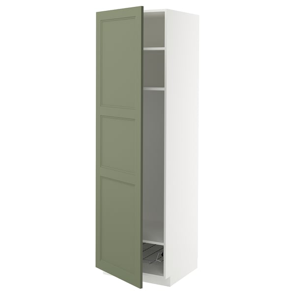 METOD high cabinet w shelves/wire basket, white/Axstad grey-green, 60x60x200 cm