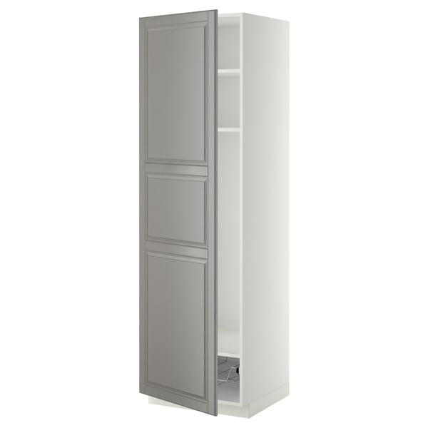 METOD - METOD High cabinet w shelves/wire basket, white/Bodbyn grey, 60x60x200 cm
