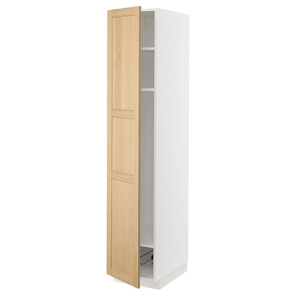 METOD high cabinet w shelves/wire basket, white/Forsbacka oak, 40x60x200 cm