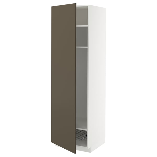 METOD high cabinet w shelves/wire basket, white/Havstorp brown-beige, 60x60x200 cm
