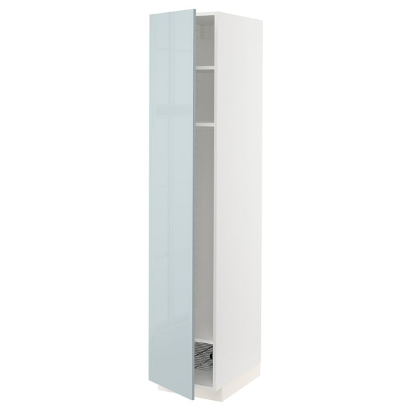METOD high cabinet w shelves/wire basket, white/Kallarp light grey-blue, 40x60x200 cm