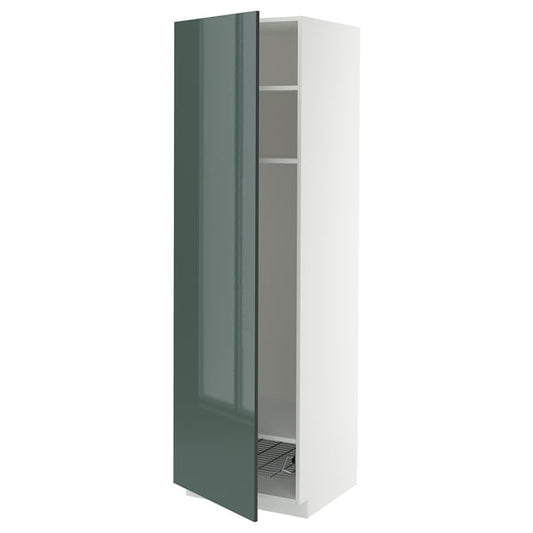 METOD - METOD High cabinet w shelves/wire basket, white/Kallarp high-gloss dark grey-green, 60x60x200 cm