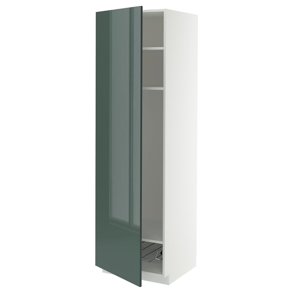 METOD - METOD High cabinet w shelves/wire basket, white/Kallarp high-gloss dark grey-green, 60x60x200 cm