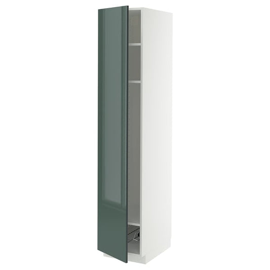 METOD - METOD High cabinet w shelves/wire basket, white/Kallarp high-gloss dark grey-green, 40x60x200 cm