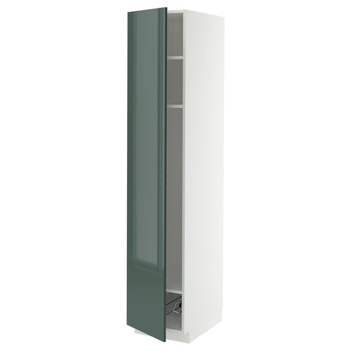 METOD - METOD High cabinet w shelves/wire basket, white/Kallarp high-gloss dark grey-green, 40x60x200 cm