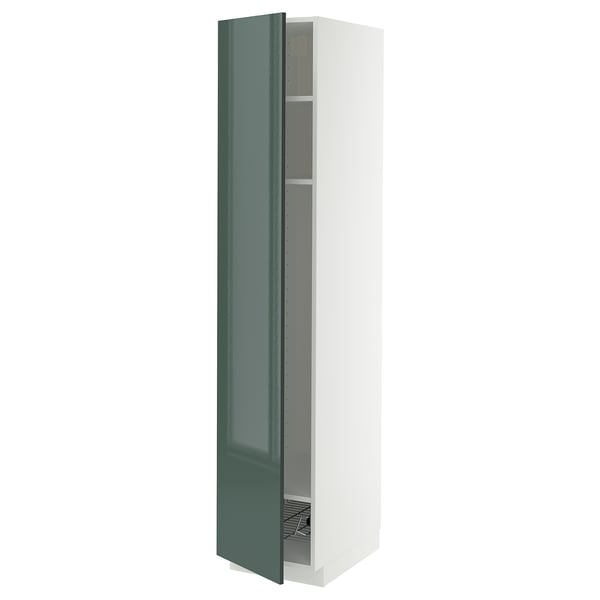 METOD - METOD High cabinet w shelves/wire basket, white/Kallarp high-gloss dark grey-green, 40x60x200 cm
