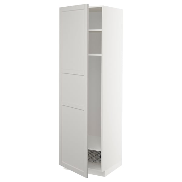 METOD high cabinet w shelves/wire basket, white/Lerhyttan light grey, 60x60x200 cm
